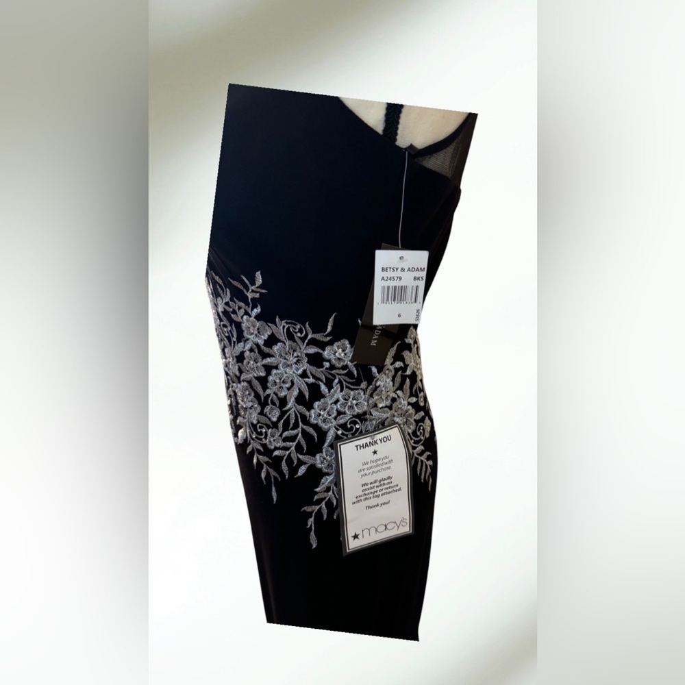 BETSY & ADAM Black Stretch Zippered Embroidered V Neck  Evening  Dress Size 6 - Picture 9 of 16